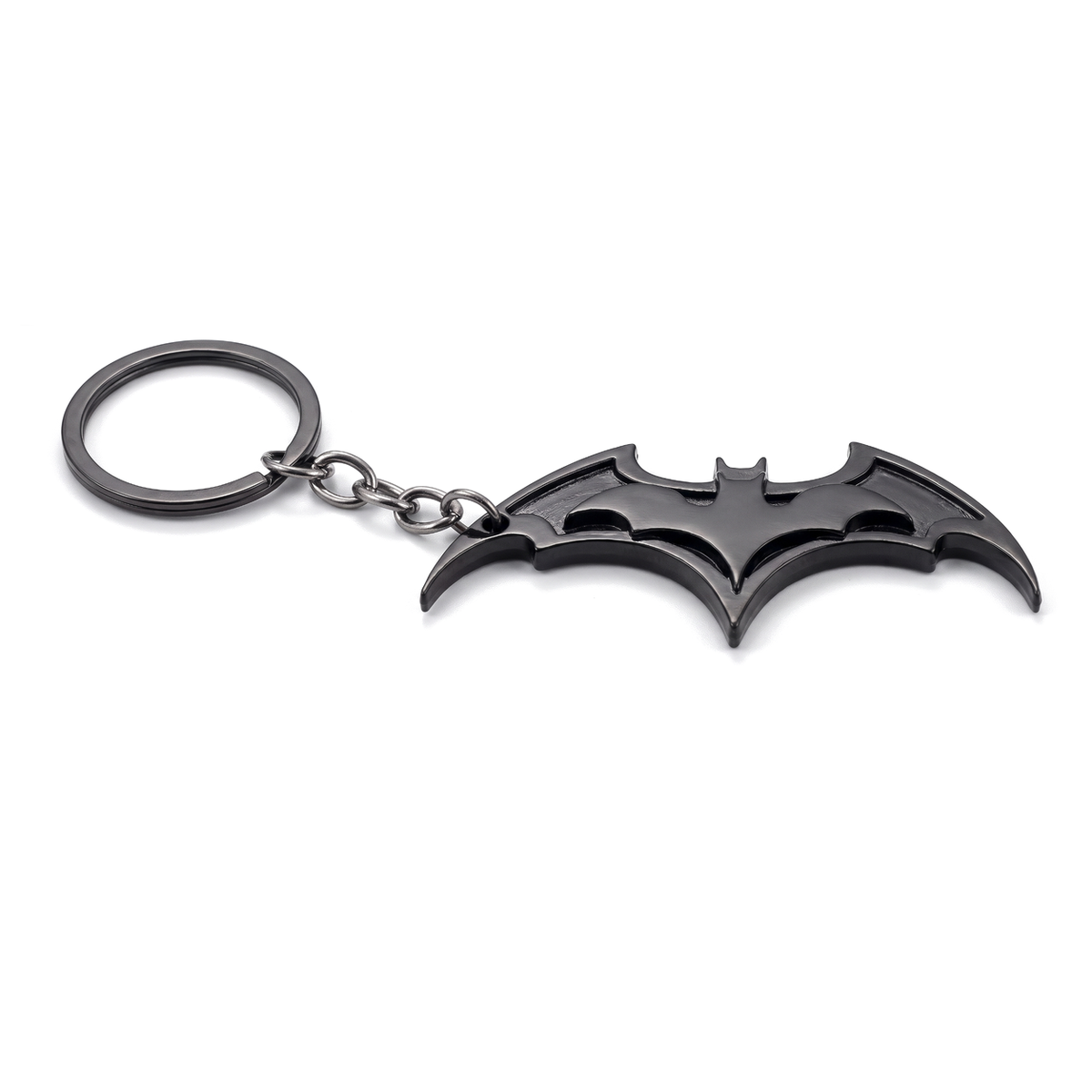 Black Batman Batarang keychain with layered bat detail and attached split ring
