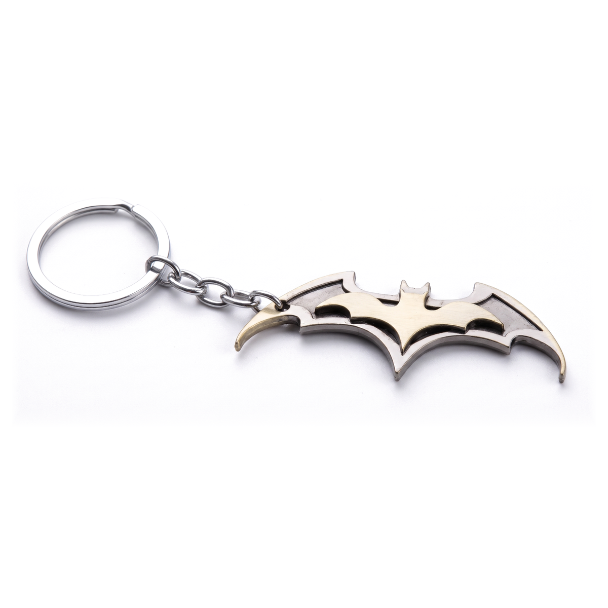 Gold-tone Batman Batarang keychain with silver-tone chain and split ring