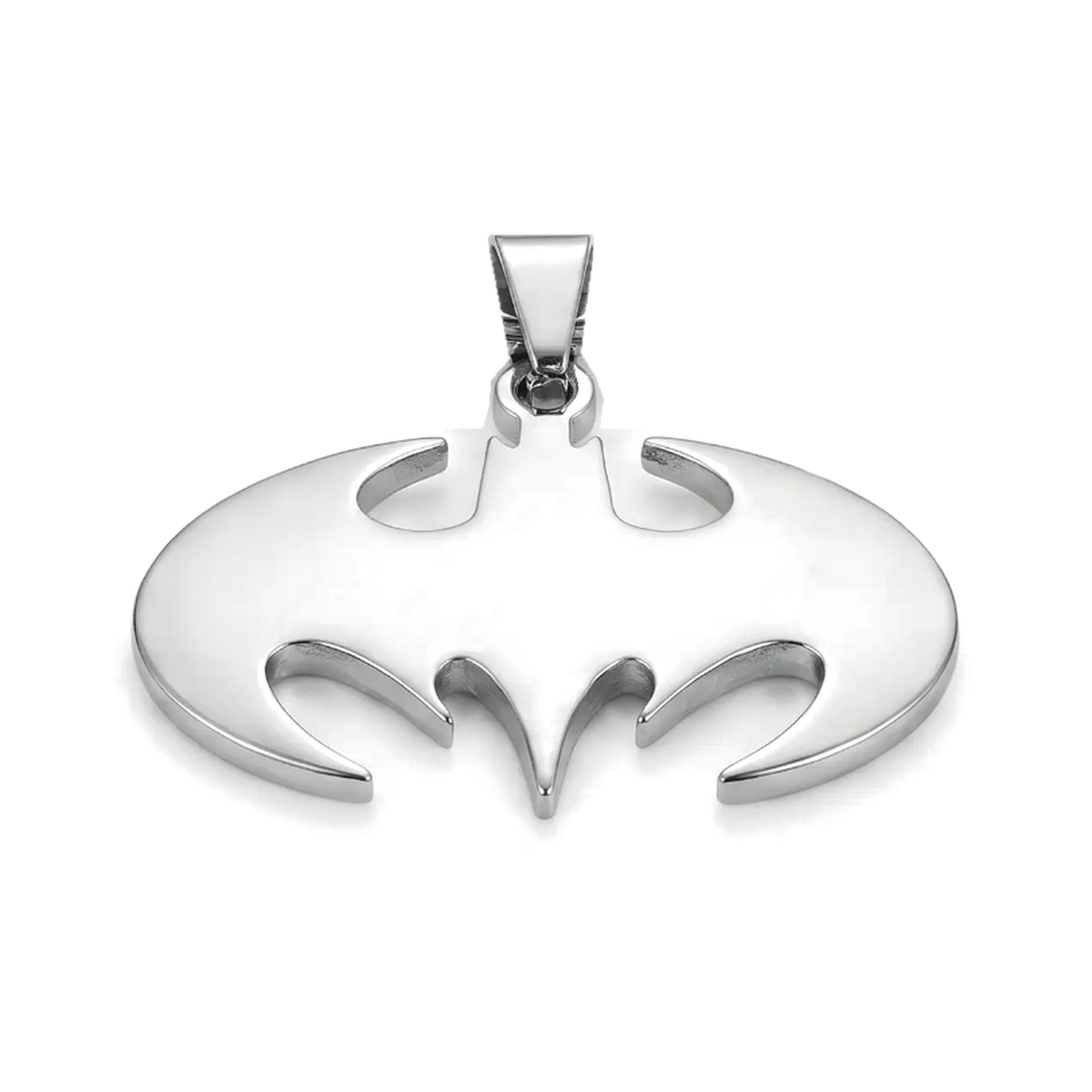 Silver-tone bat-symbol necklace pendant detail with bail, shown without the chain