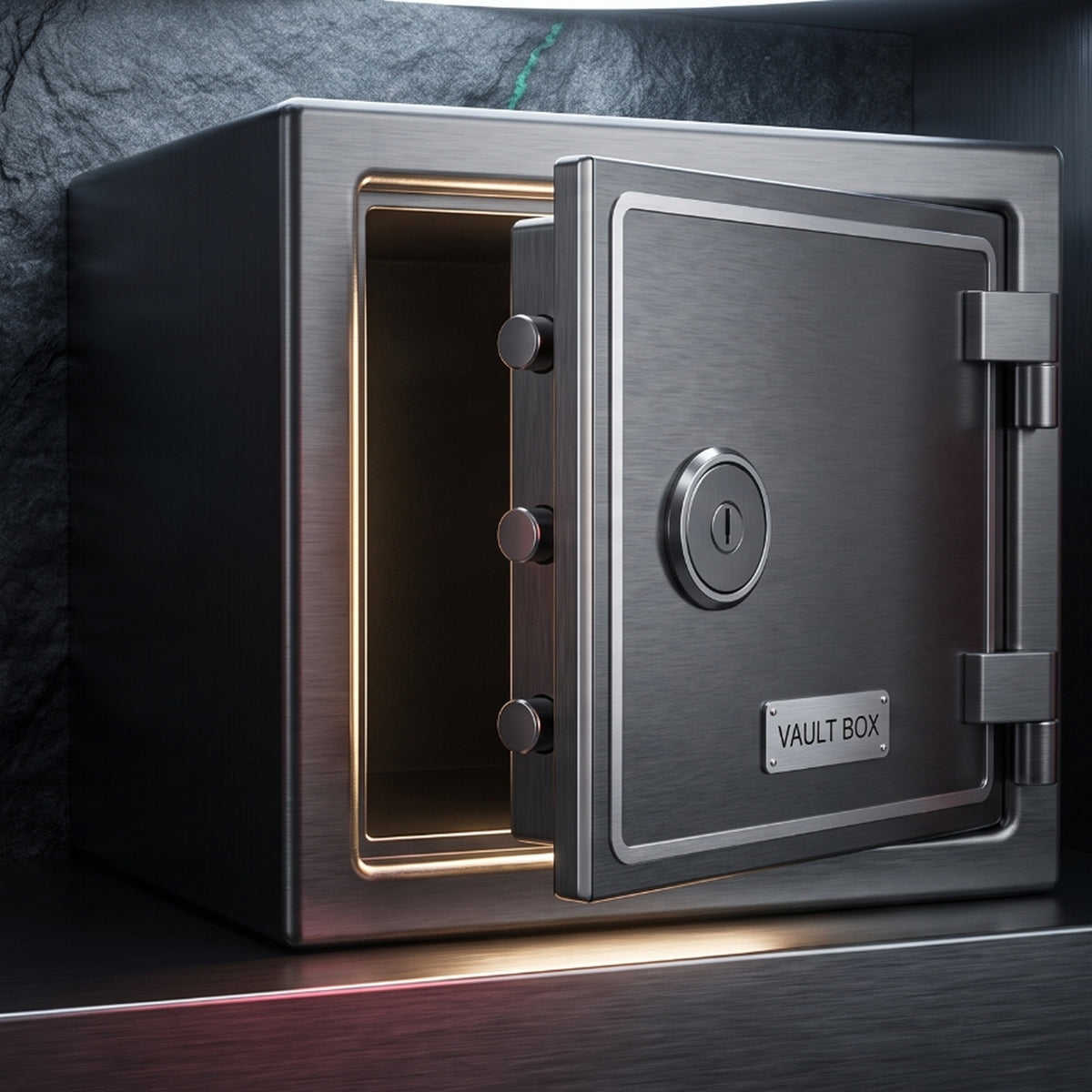 Vault Box mystery accessory collection artwork showing a silver safe with its door partly open; illustration, not included packaging