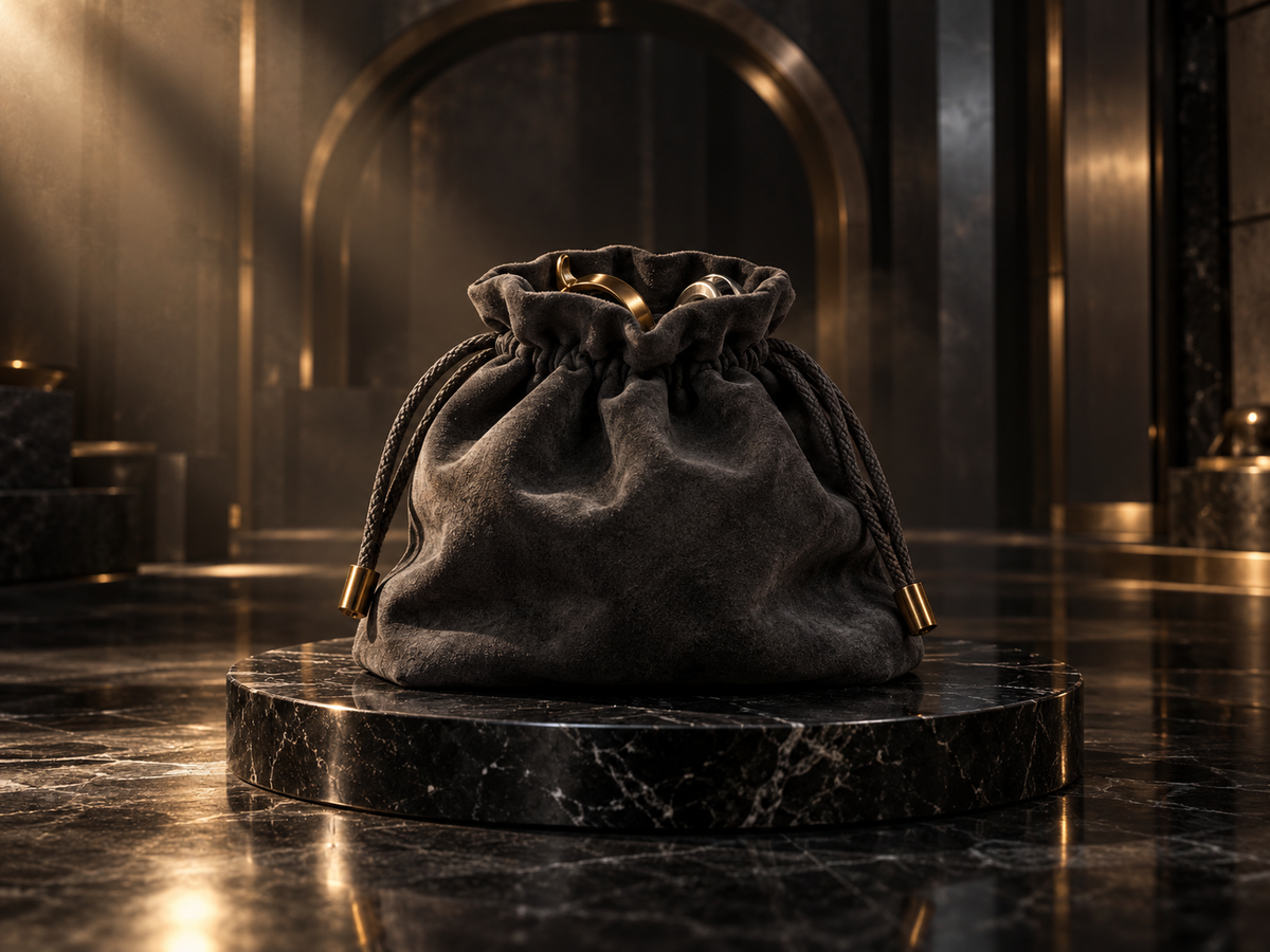 Charcoal accessory pouch with subtle metal glints on a black marble plinth in a warmly lit collector vault.