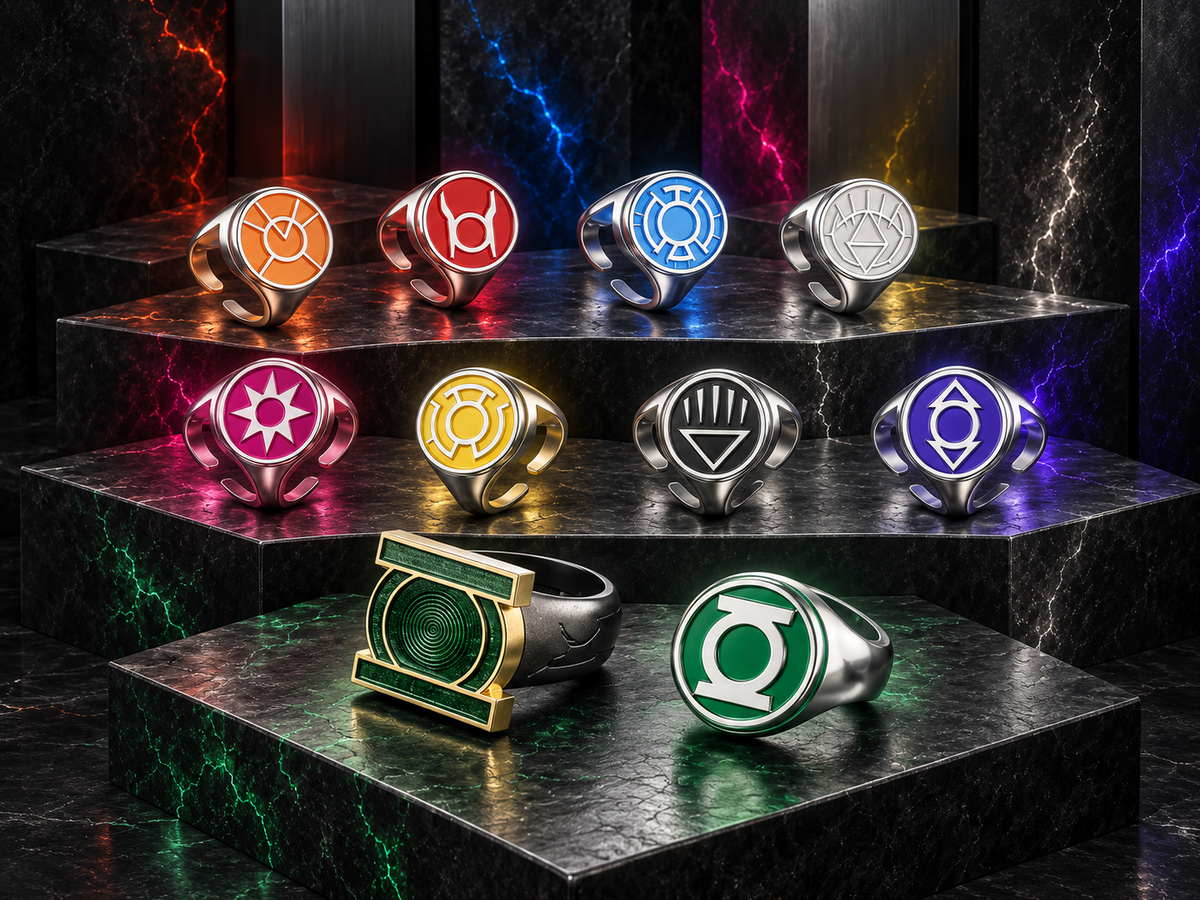 Ten Lantern-inspired rings arranged on three dark marble display tiers.