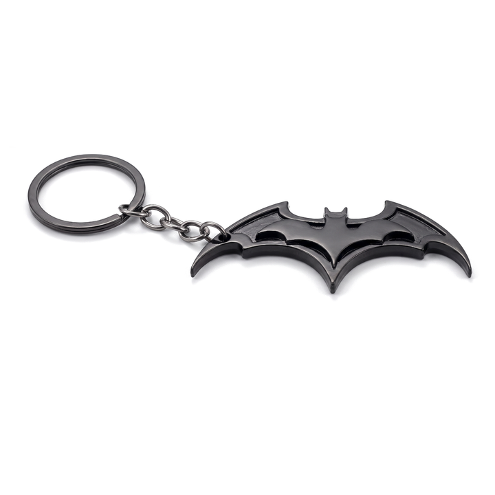 Black Batman Batarang keychain with layered bat detail and attached split ring