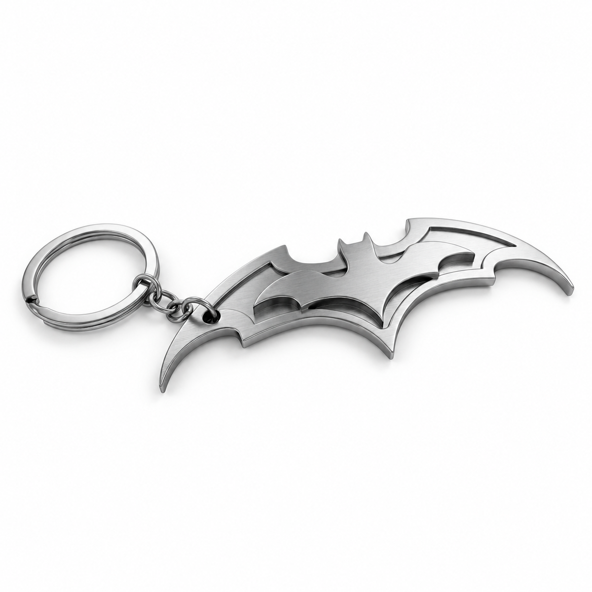 Silver-tone Batman Batarang keychain with layered bat details and attached split ring