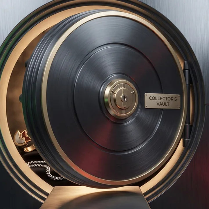 Collector’s Vault mystery box artwork showing a partly open circular steel vault with gold trim; thematic illustration, not included packaging