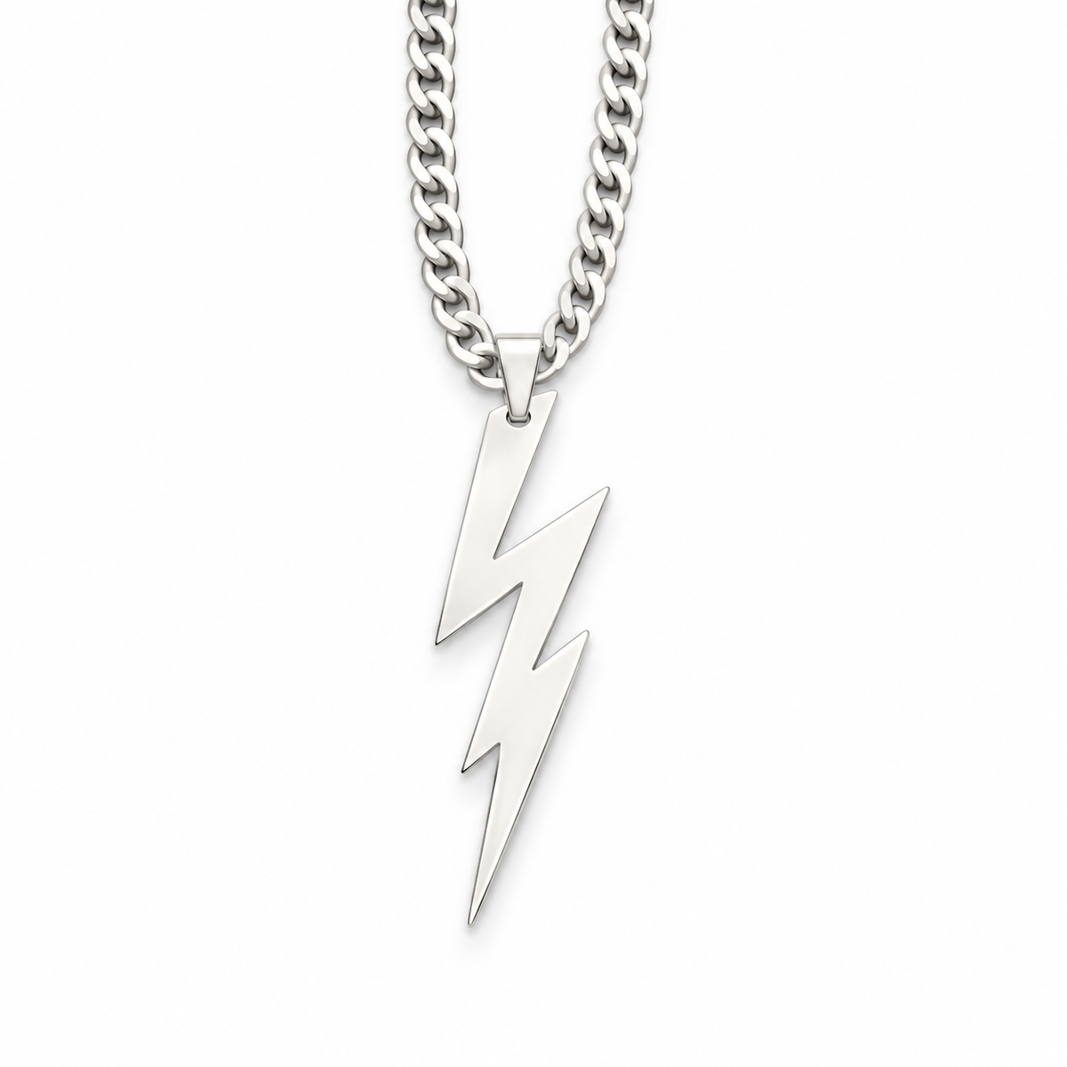 Silver-tone lightning bolt pendant on a matching curb-link chain