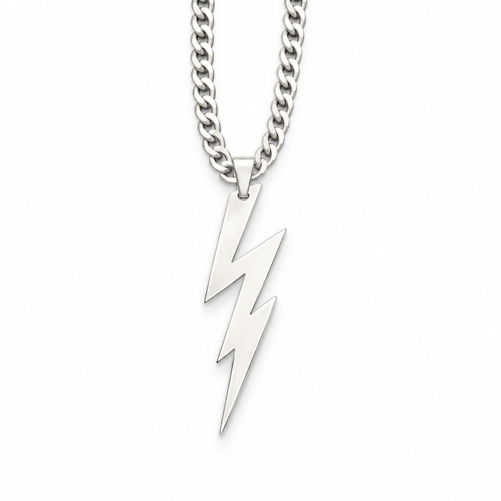 Silver-tone lightning bolt pendant on a matching curb-link chain