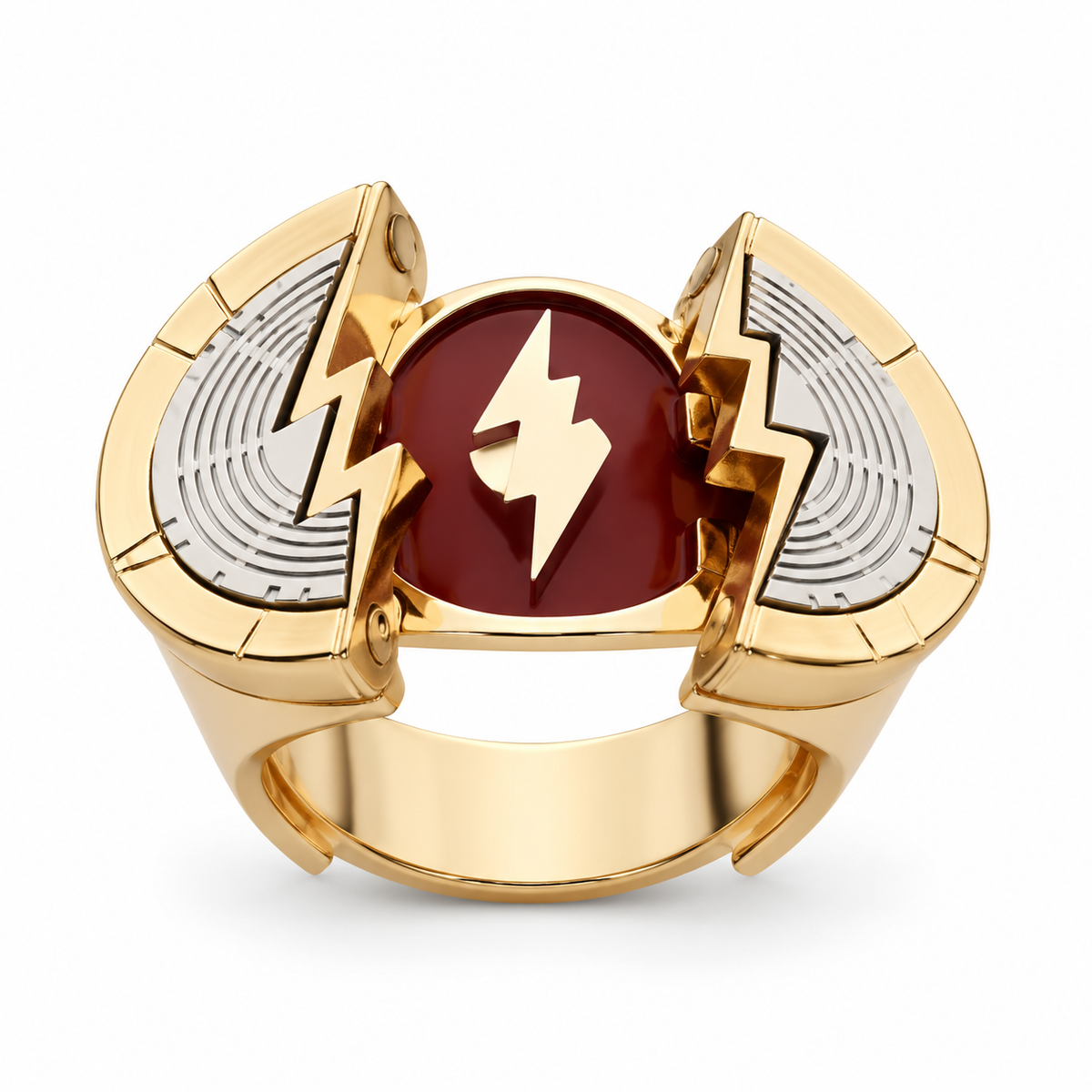 The Flash movie ring open, showing split gold-tone panels and a red lightning emblem