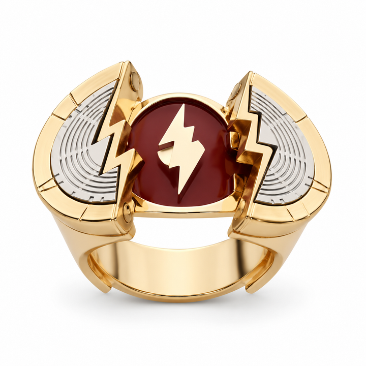The Flash movie ring open, showing split gold-tone panels and a red lightning emblem