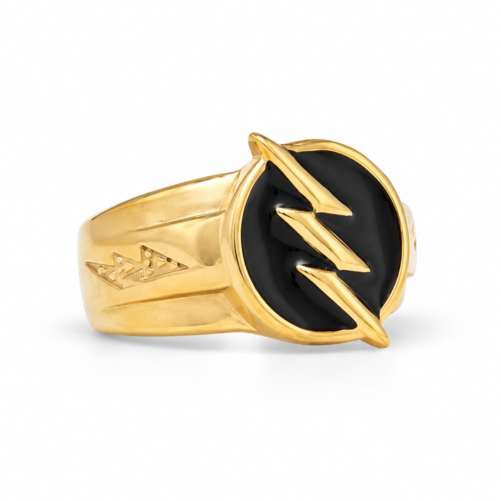 The Flash ring with a raised gold-tone lightning bolt, black circular face and gold-tone band