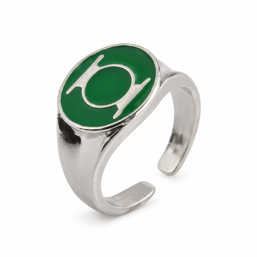 Green Lantern power ring with a green circular emblem and silver-tone open band